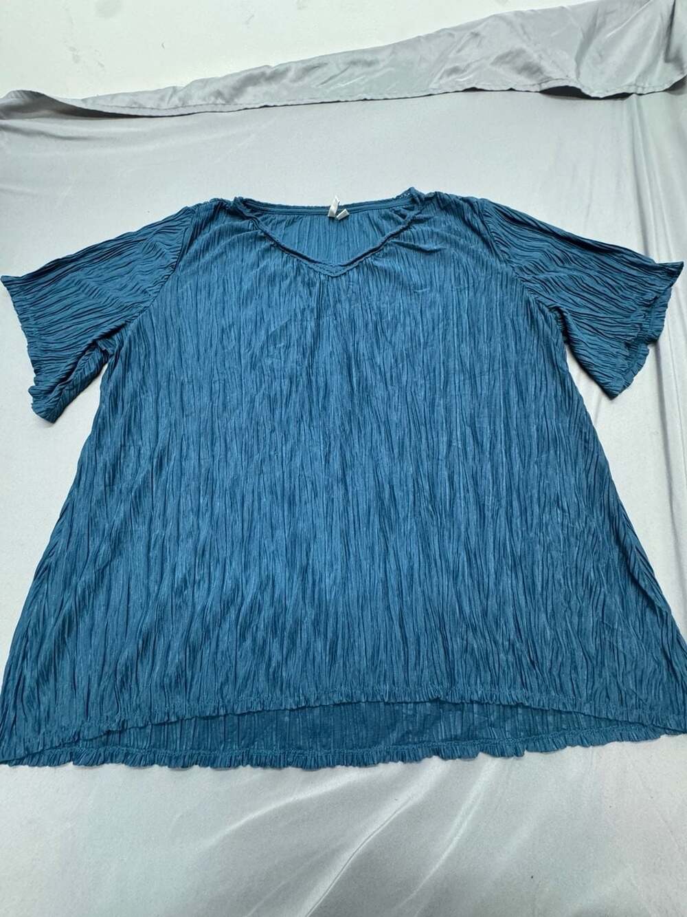 Anthropologie Plisse Blouse Size L Teal Blue Crinkled Short Sleeve Top